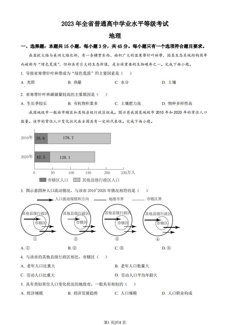2023年高考地理试卷（山东）（空白卷）-初高中资料试题文库
