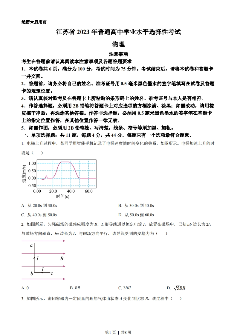 2023年高考物理试卷（江苏）（空白卷）-初高中资料试题文库