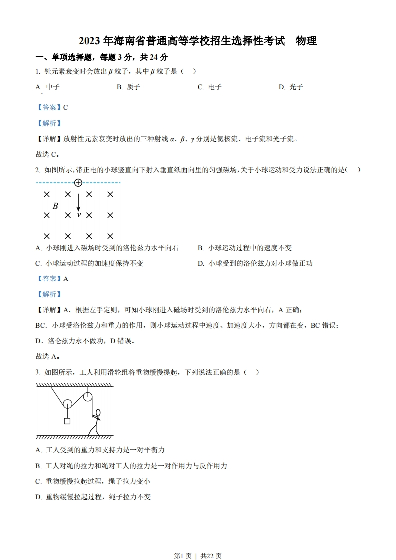 2023年高考物理试卷（海南）（解析卷）-初高中资料试题文库