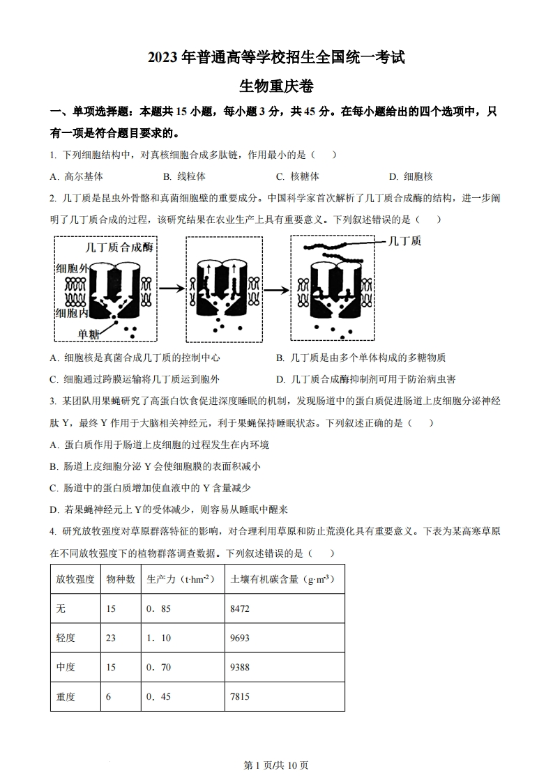 2023年高考生物试卷（重庆）（空白卷）-初高中资料试题文库