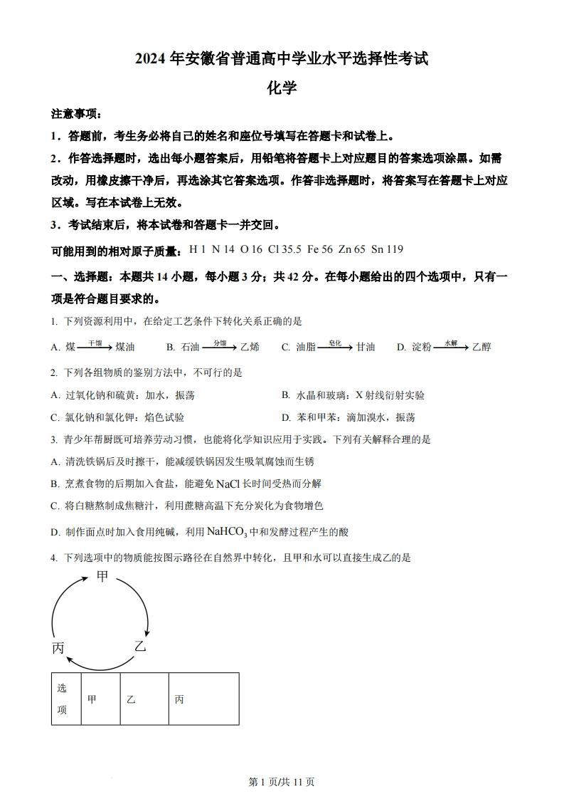 2024年高考化学试卷（安徽）（空白卷）