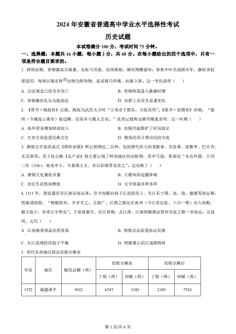 2024年高考历史试卷（安徽）（空白卷）-初高中资料试题文库