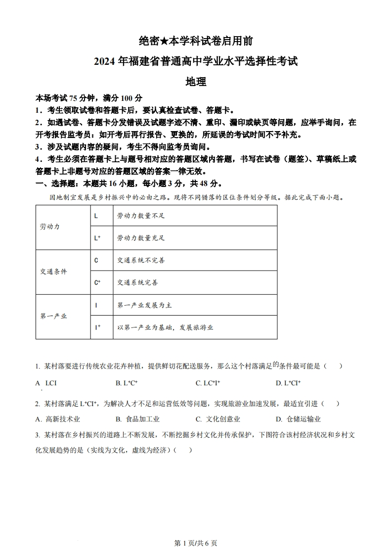 2024年高考地理试卷（福建）（空白卷）-初高中资料试题文库