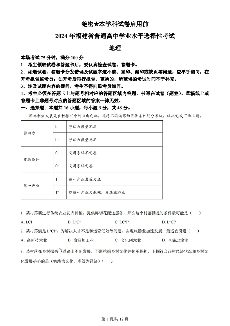 2024年高考地理试卷（福建）（解析卷）-初高中资料试题文库