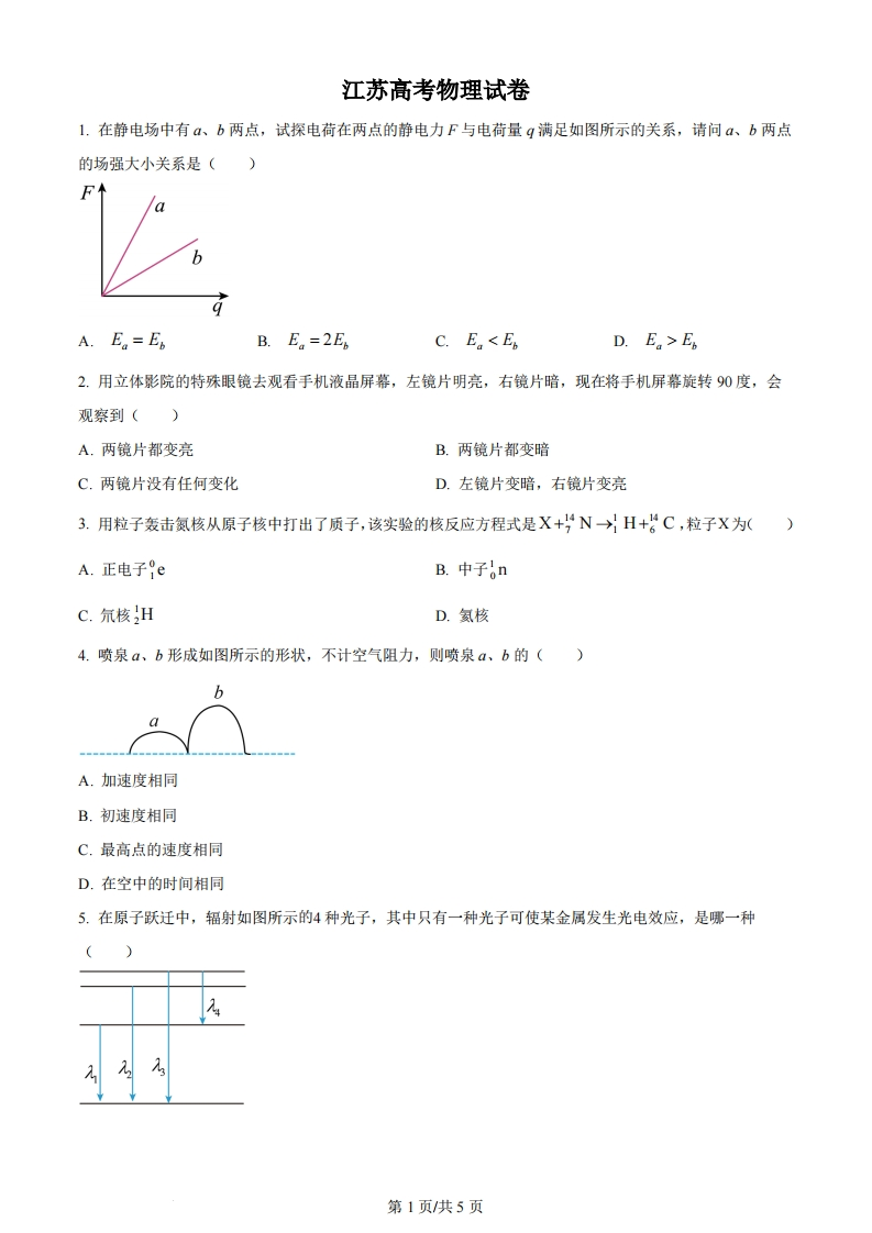 2024年高考物理试卷（江苏）（回忆版）（空白卷）缺第8题、第16题-初高中资料试题文库