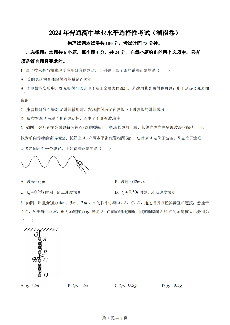 2024年高考物理试卷（湖南）（空白卷）-初高中资料试题文库