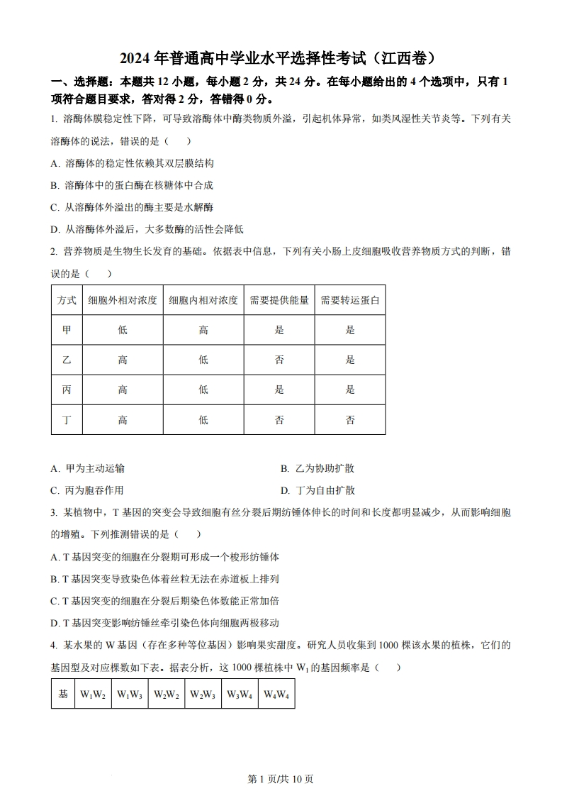 2024年高考生物试卷（江西）（空白卷）-初高中资料试题文库